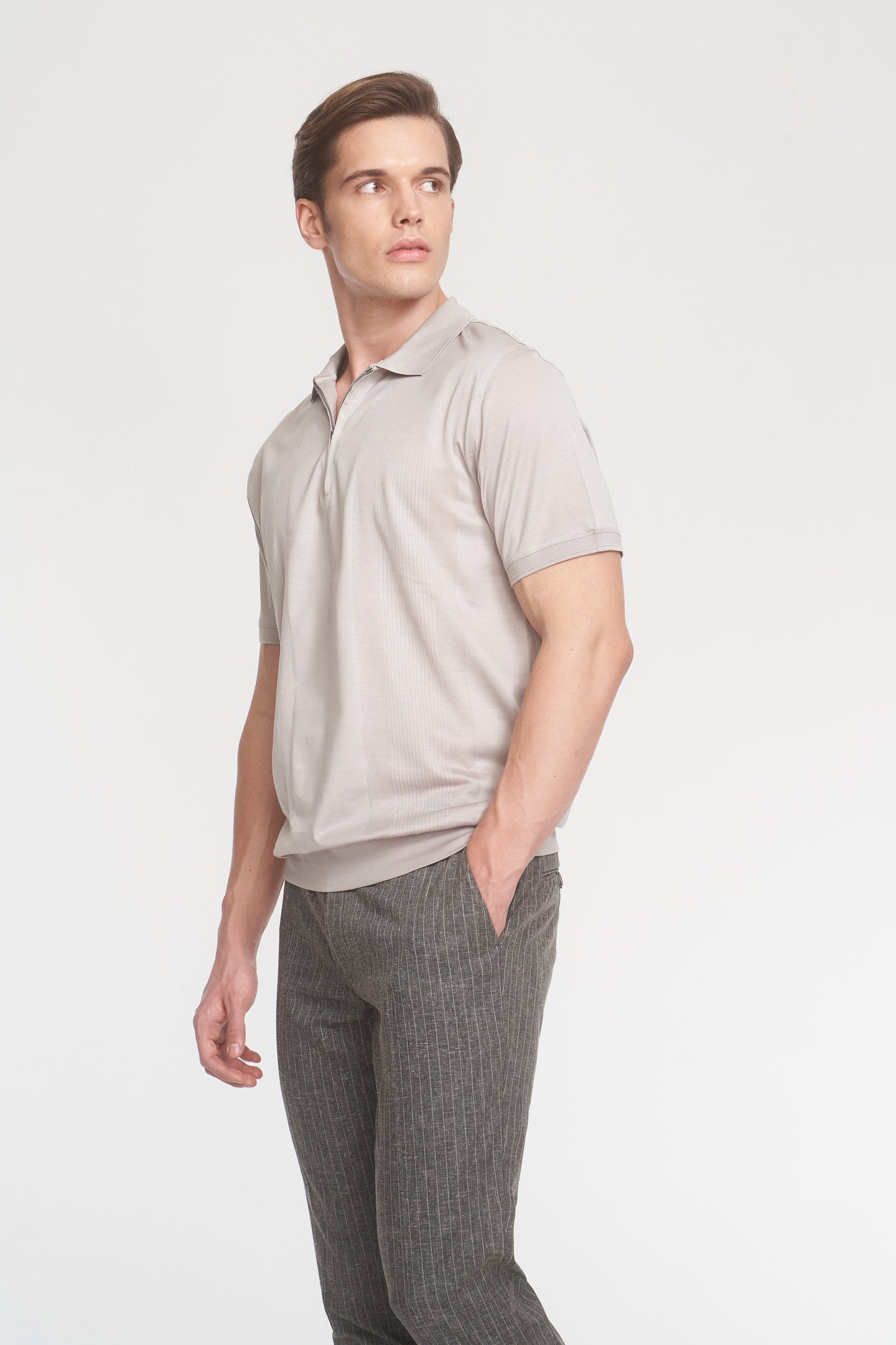Beige Mercerized Cotton Patterned Polo Zip-Up T-Shirt